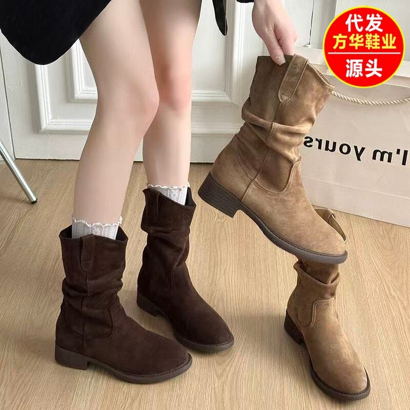 High-End Slouch Boots for Women, Mid-Calf Autumn Boots 2025 New Style, Melard Western Cowboy Ankle Boots, Riding Martin Boots