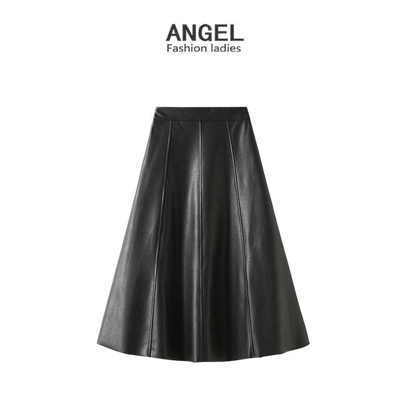Retro leather demi-season fitted long skirt