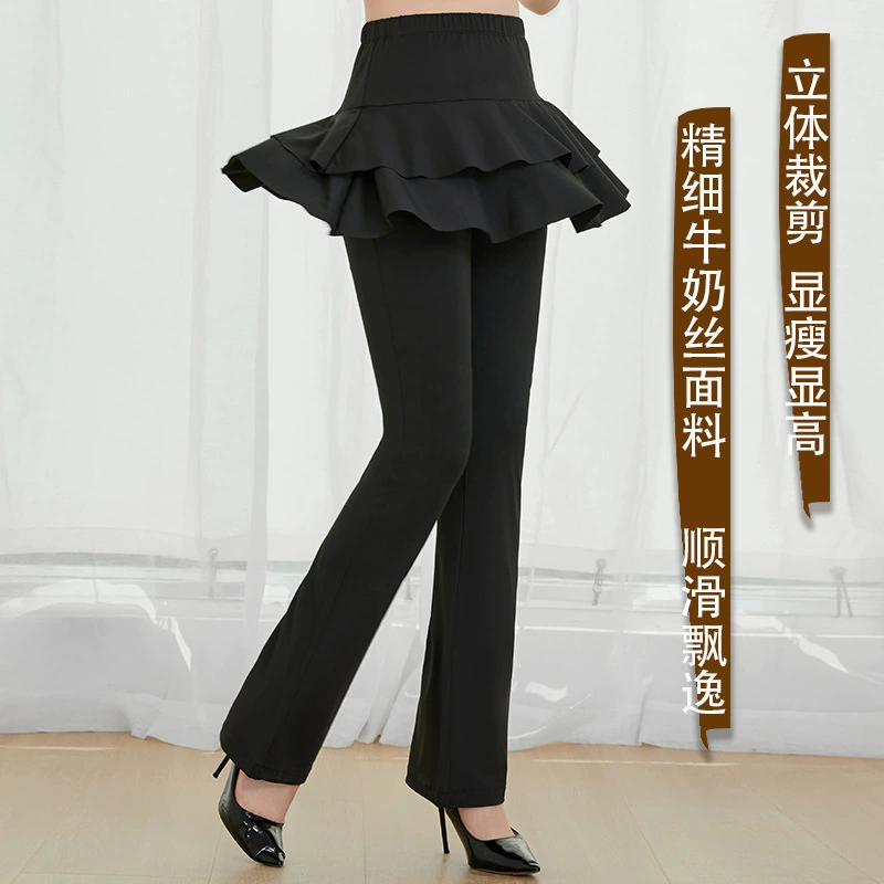 Dance Pants Plaza Latin Dance Skirt-Pants, Ruffled Overlay & Flared Leg, Sizes M–4XL