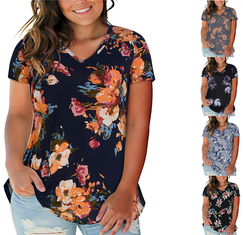 Europa y Estados Unidos transfronterizos ropa de mujer 2025 primavera y verano nuevo estilo Amazon impresión de cuello en V camiseta de manga corta camiseta de comercio exterior casual suelta image 1