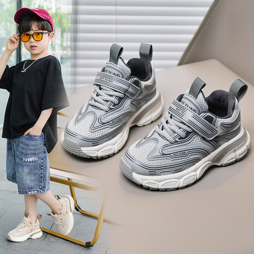 Boys' Sports Shoes 2024 Spring and Autumn New Children's Breathable Dad's Shoes for Big Children Casual Velcro Boys' Net Shoes