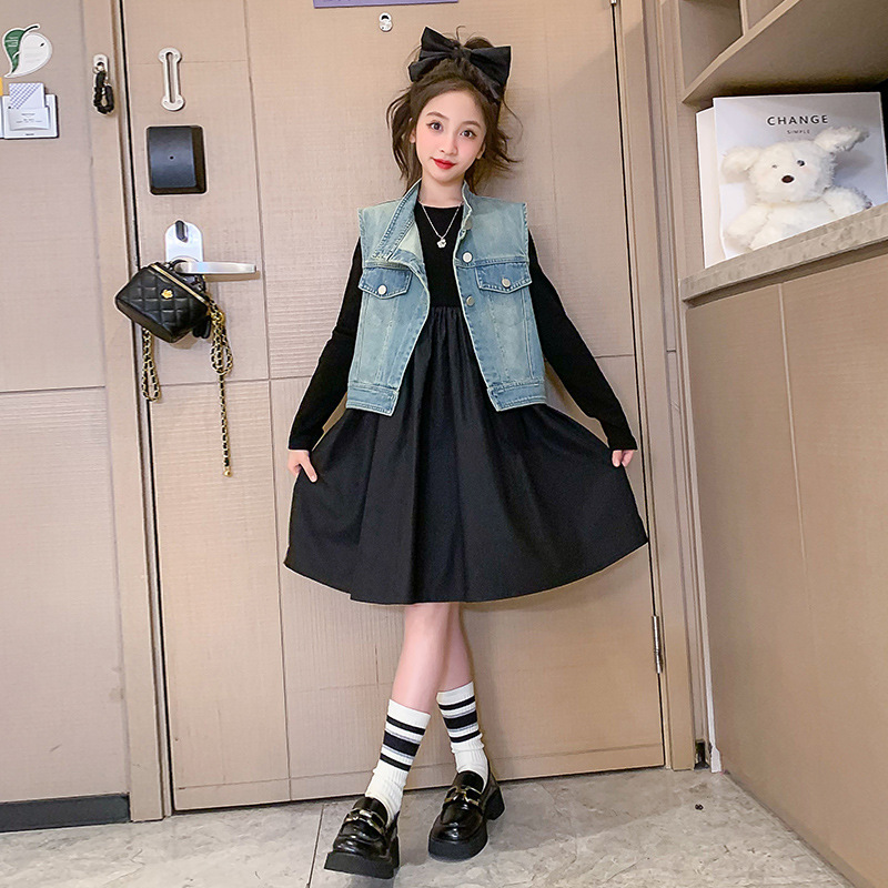 女童套装2024秋季甜美韩版牛仔马甲连衣裙两件套儿童时髦春秋装潮