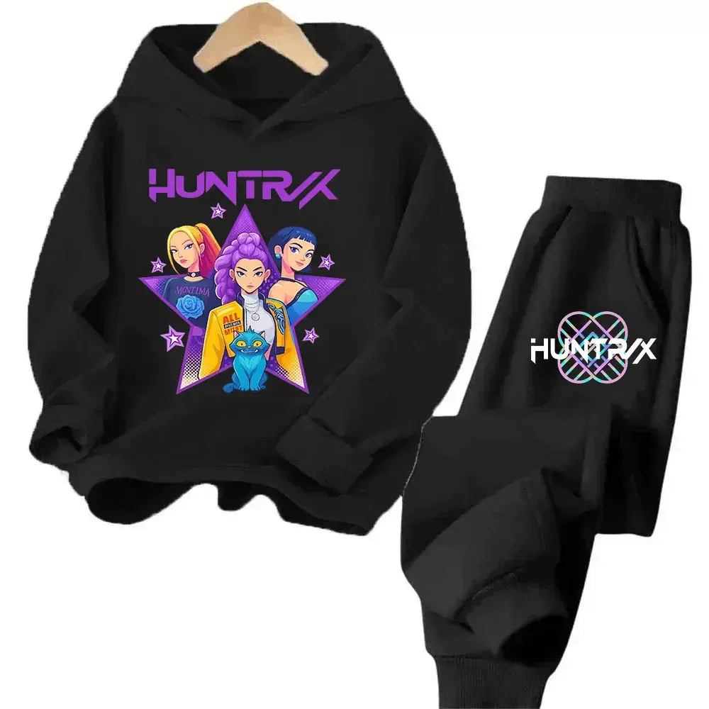 现货100-170码图案口袋卫衣帽衫+黑色长裤2件套装Pk1963A有吊牌棉