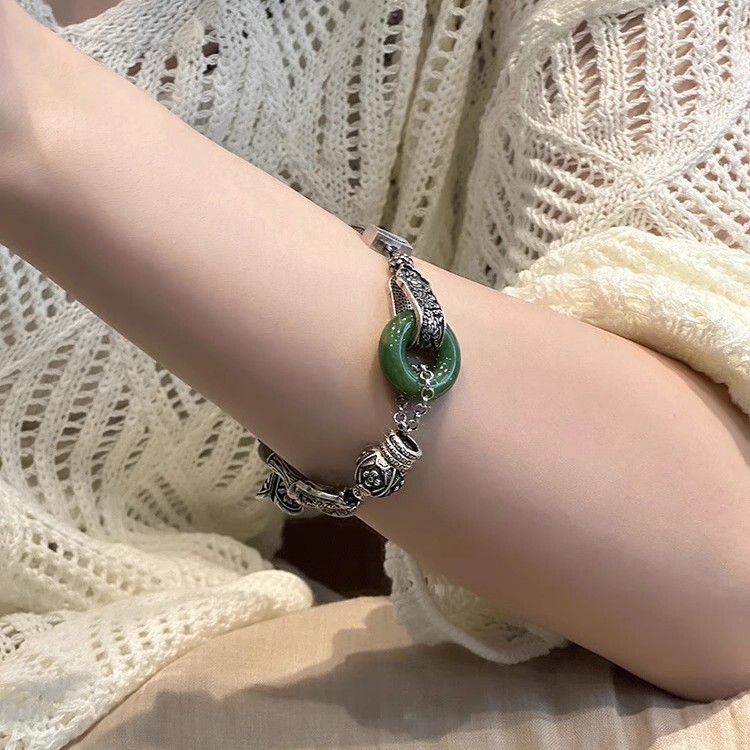 Antique Style Retro Niche Design Jasper Running Ring Green Yellow Bead Bracelet Women's New Chinese Style Retro All-match Bracelet