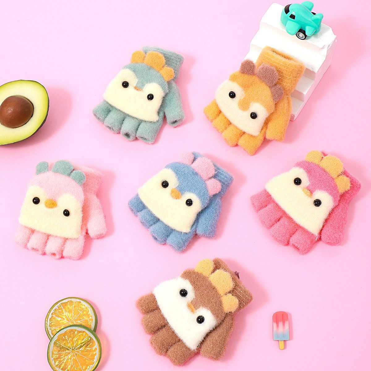Guantes de peluche para estudiantes de invierno escritura guantes de flip resistentes al frío de cinco dedos de dibujos animados lindos dedos de medio dedo