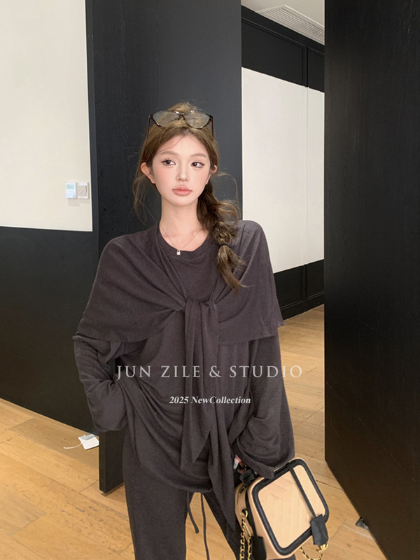 套装女秋款披肩假两件慵懒百搭圆领长袖T恤慵懒宽松休闲裤两件套|undefined