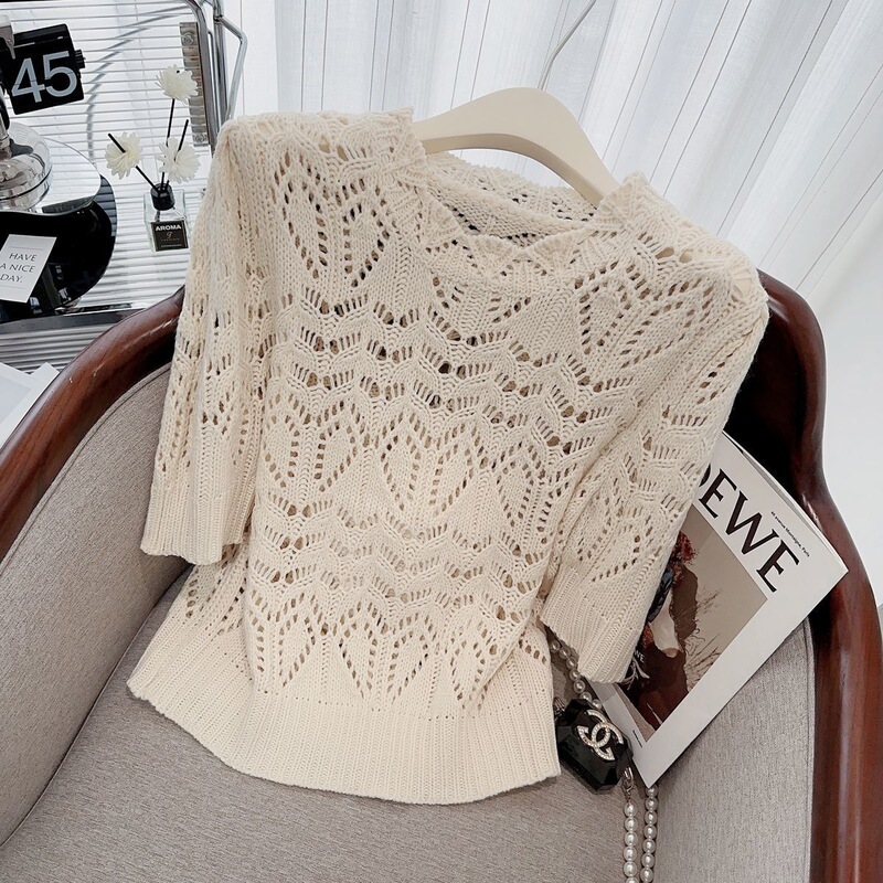 Hollow-Out Knit Sweater Women's Short-Sleeve Top 2026 Spring/Summer New Style Round Neck Sweater European Fashion Women's Clothing