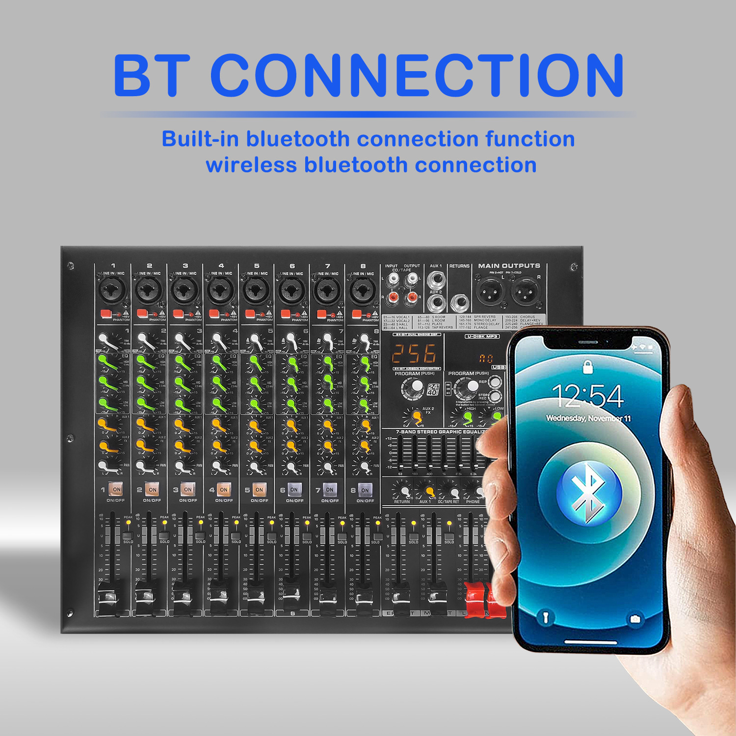 GAX-EM8 전문 8 채널 전원 48V 믹서 DJ 믹서 256DSP 노래방 무대 KTV