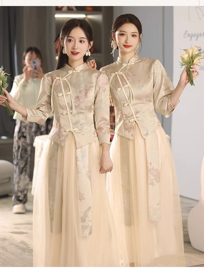 Bridesmaid Dress 2024 New Autumn and Winter Long-Sleeved Slim Fairy Wedding Sister Dress Bridesmaid Group Dress Champagne Color