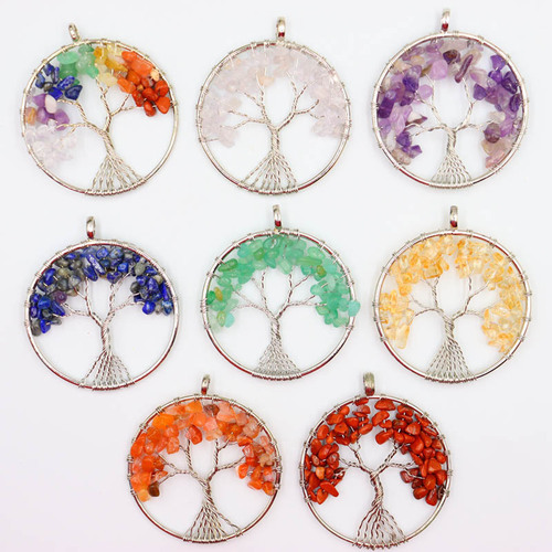 Amazon natural crystal gravel winding colorful tree of life pendant necklace natural stone money tree dream catcher pendant
