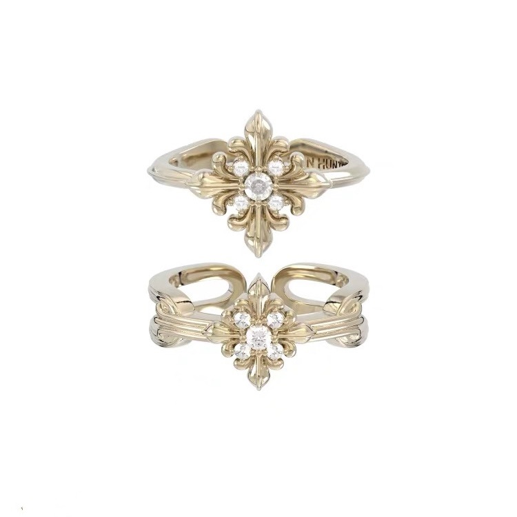 Three Horizontal Titanium Gold-Colored Iris Flower Double-Layer Rings, French Vintage Light Luxury Jewelry with a High-End Feel for Women