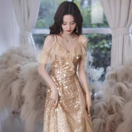 香槟金色晚礼服裙女高级质感宴会气质高端主持人仙气轻奢名媛端庄