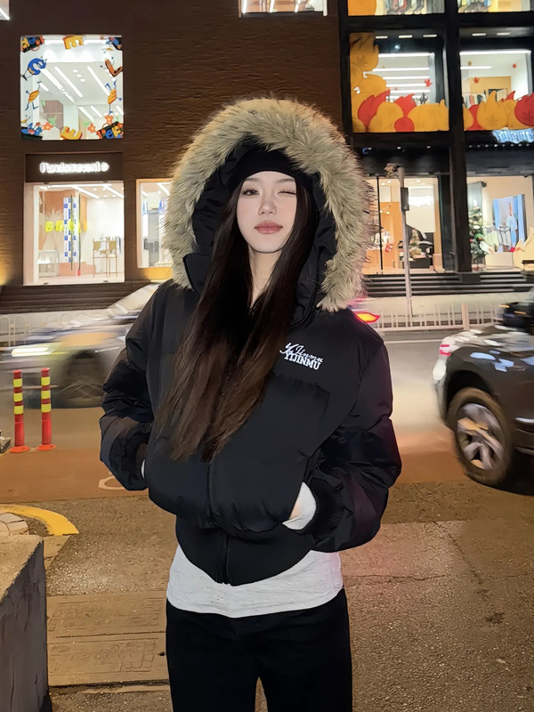 美式冬季短款毛领羽绒棉服女2025新款收腰显瘦高级感棉衣棉袄外套|undefined