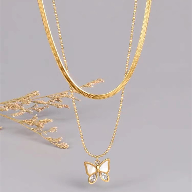 Sucré Papillon Acier Au Titane Incruster Coquille Bracelet De Cheville Collier display picture 4