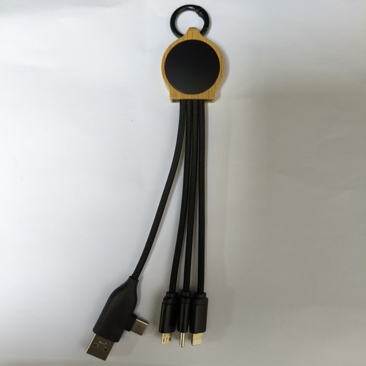 环保竹木二拖三双输入钥匙扣发光logo数据线五合一礼品充电二拖三