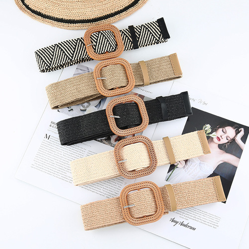 New Korean style cotton and linen PP straw woven belt for women with round square buckle dress gown decorative belt