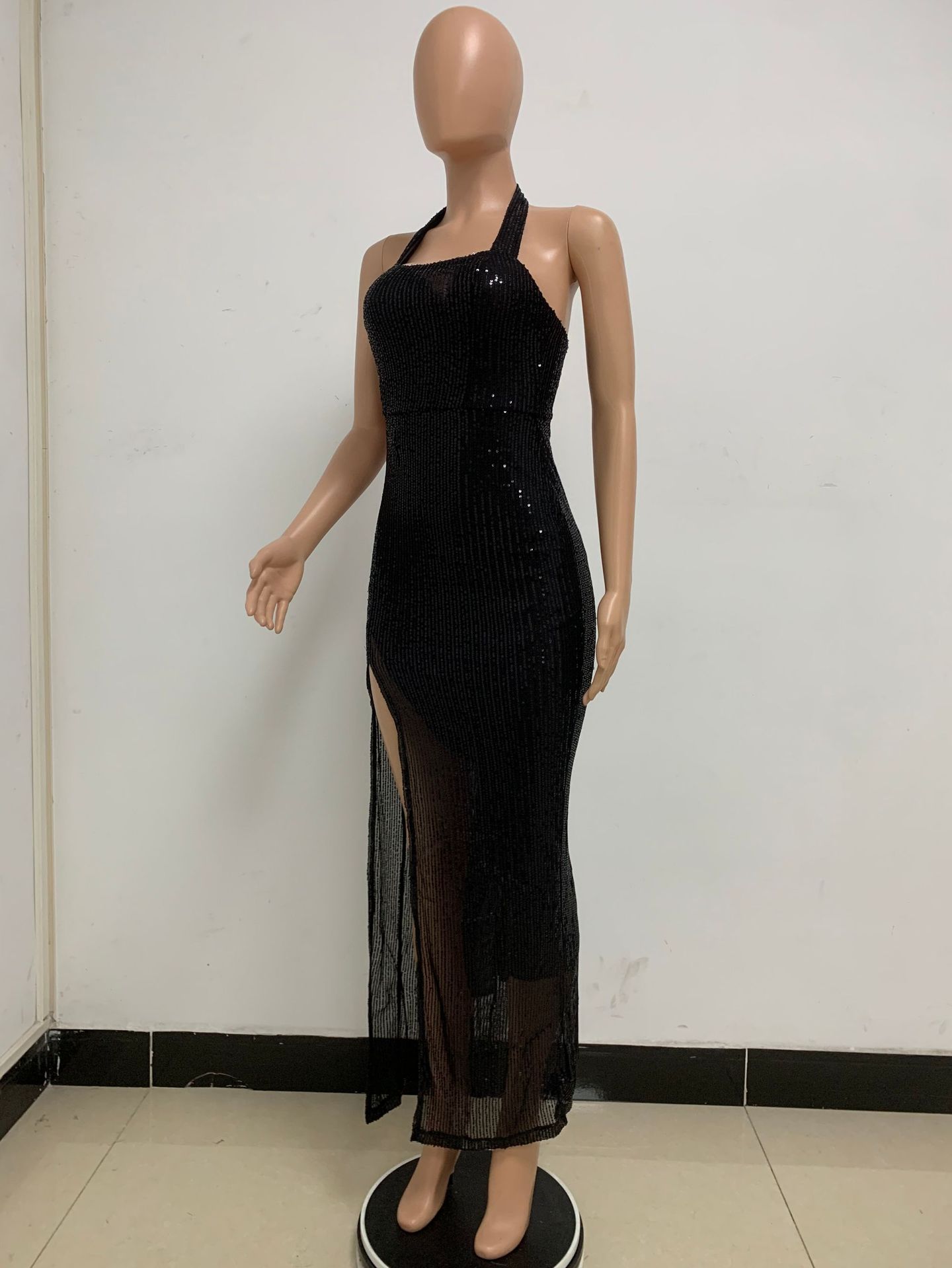350g Weight Maxi Long Dress Dress Length Type Sleeveless Sleeve Length Party Dress Dresses Type Spandex, Polyester Fabric Type High Waist Waist Line Banquet, Party Occasion Halter Neck Neckline Slim Fit Type Solid Color Pattern Summer, Spring, Autumn Season Women's Gender Sequins Design Elegant, Sexy Style Wholesale Women's Elegant Sexy Sequins Solid Color Banquet Party Halter Neck Sleeveless Party Dress 60