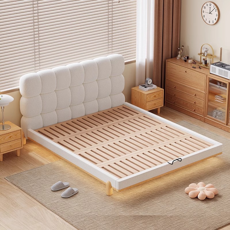 Cama de tela de madera de cera blanca, cama de dormitorio francesa, cama de chica, gato, tela de nube, nube, cama doble moderna y simple