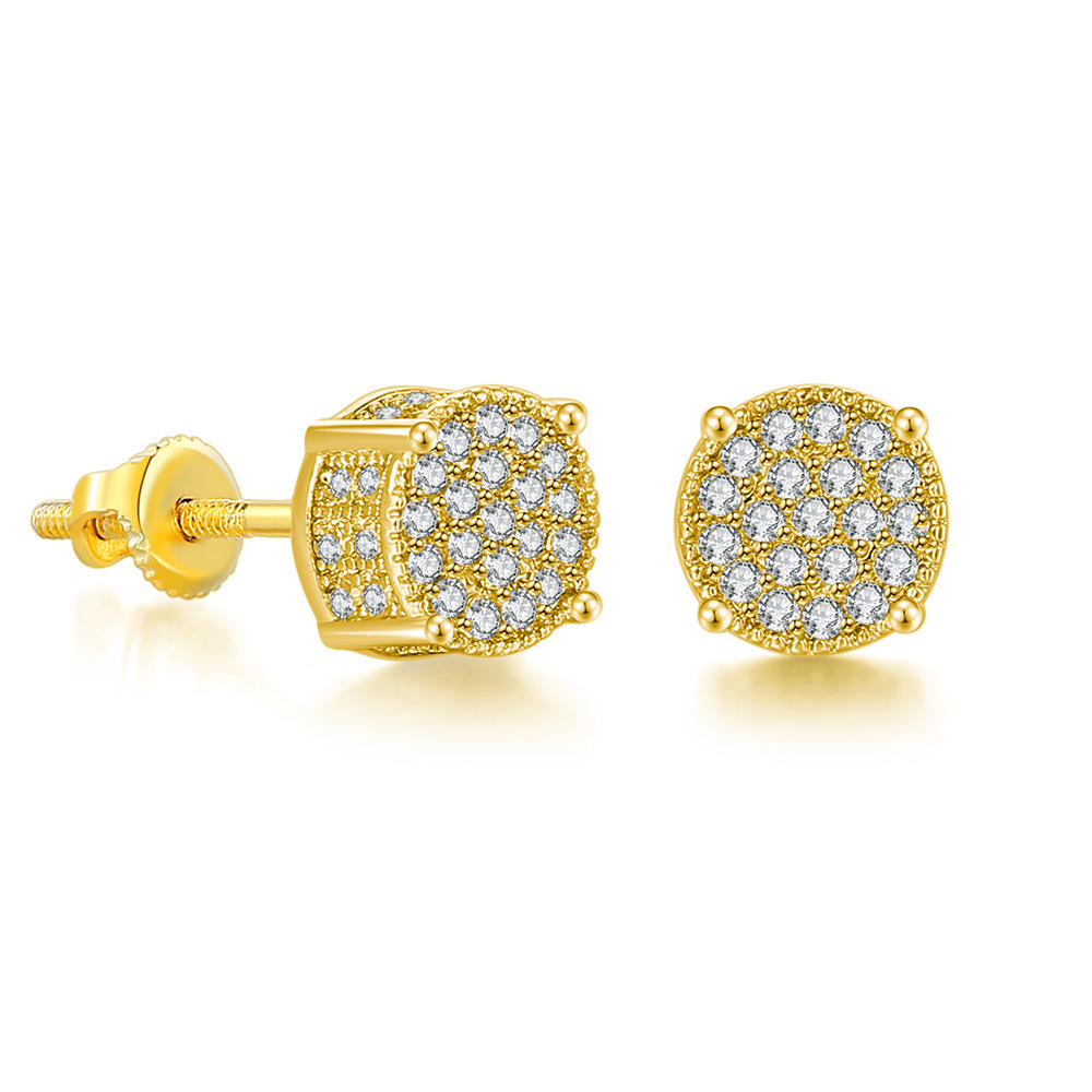 Popular Hip Hop Zircon Stud Earrings Men's And Women's Full Diamond Gold Plated Threaded Earrings Stud Earrings_voghion.com