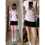 粉色正肩短袖t恤女夏修身半袖紧身掐腰显瘦上衣内搭打底半截袖短