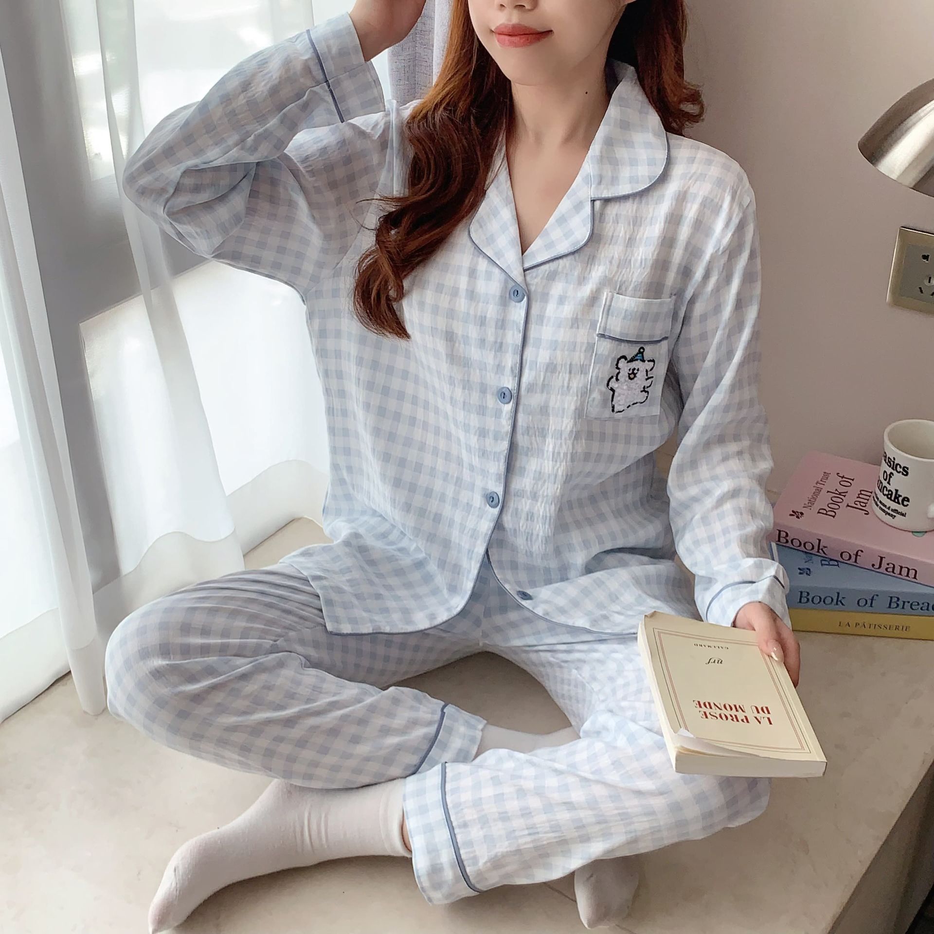 Al por mayor transfronterizo nuevo pijama de mujer pantalones de manga larga nubes de algodón lindos dibujos animados estudiantes cardigan con solapa cubierta de ropa para el hogar
