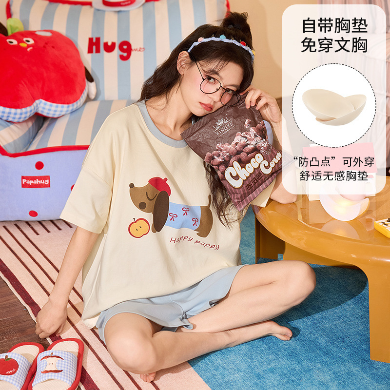 New Style Pajamas with Built-In Breast Pads for Women, Two-Piece Set, Short-Sleeved Shorts, Cartoon Sweet Home Clothes Set, Can Be Worn Outside in Summer New Style Pajamas with Built-In Breast Pads for Women, Two-Piece Set, Short-Sleeved Shorts, Cartoon Sweet Home Clothes Set, Can Be Worn Outside in Summer