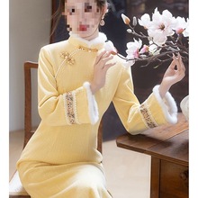 黄色旗袍秋冬季长袖加厚加绒改良年轻款少女冬装新中式国风连衣裙