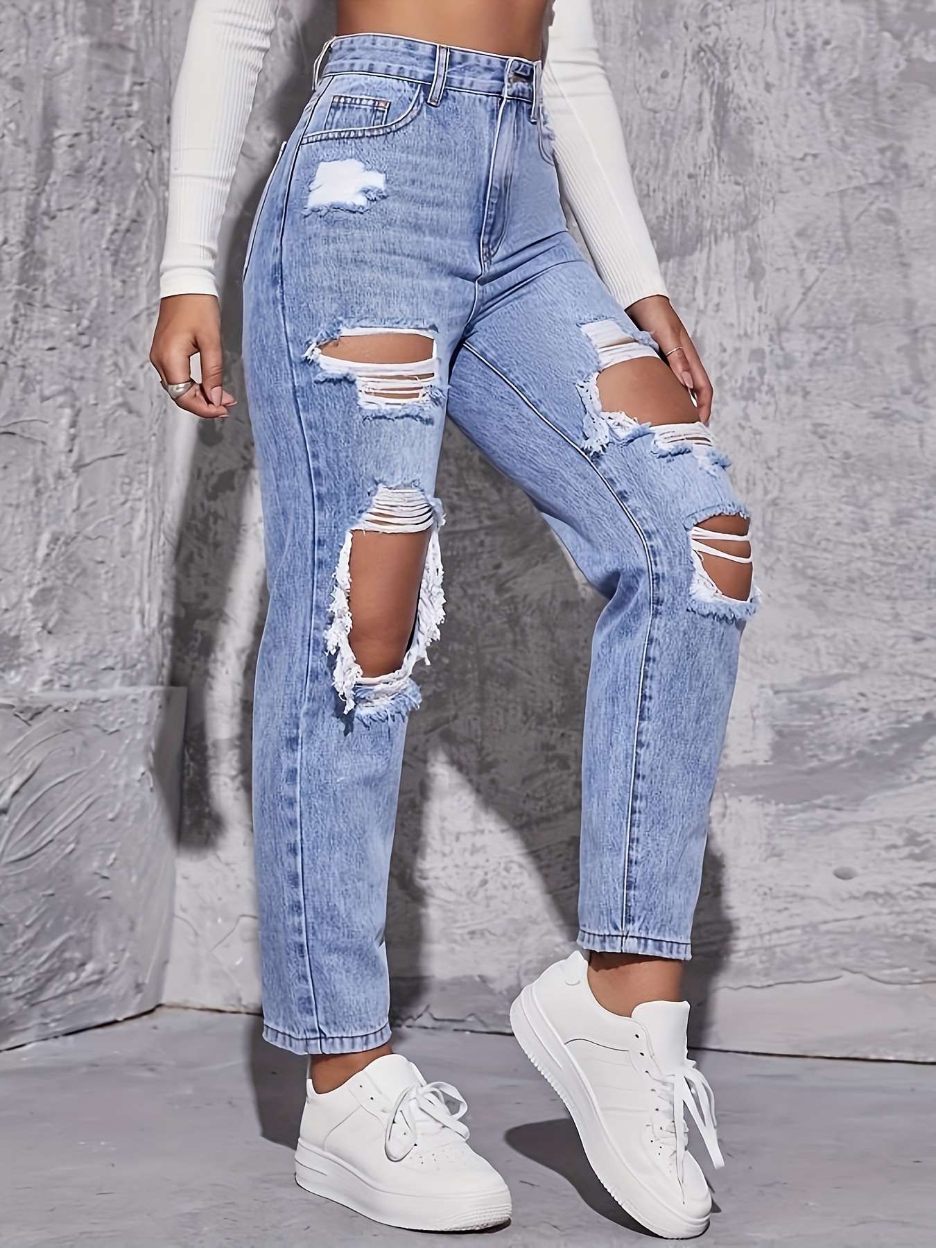 European And American Blue Ripped High-waisted Denim Straight-leg Pants Women's Fashion Versatile Trousers_ecoleips.com