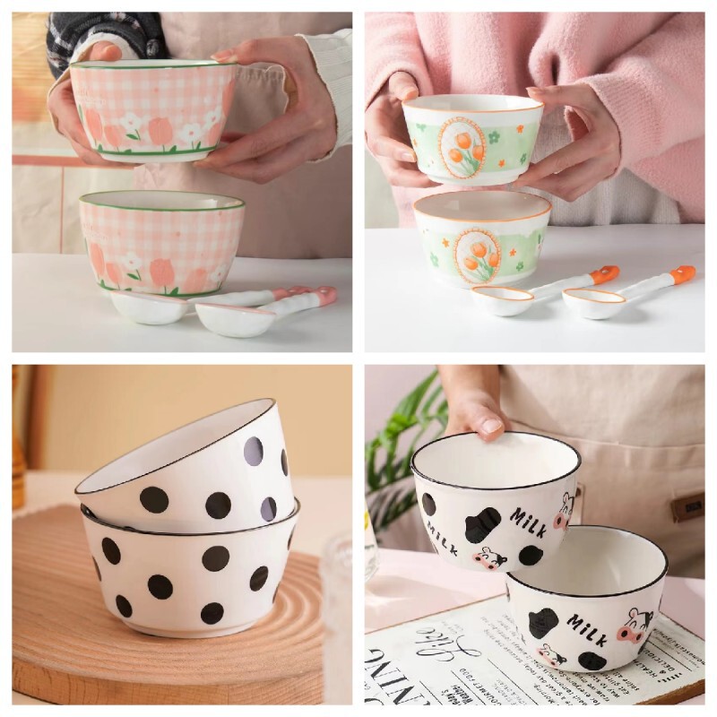 High-value household 4.5 inch ceramic bowl rice bowl Nordic creative straight bowl salad bowl cute round bowl noodle bowl