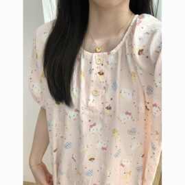 睡裙女夏天可爱柔软云朵棉纱感中长款短袖睡衣少女休闲宽松家居服