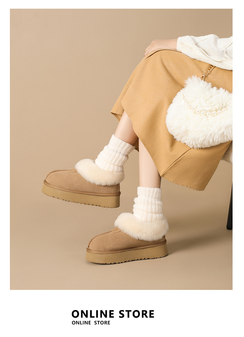 Novos sapatos de algodão quente com sola grossa e lã e botas de cano curto de couro e lã grossa_voghion.com