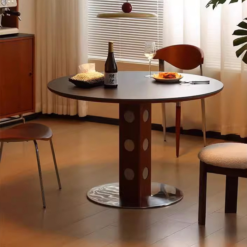 Nordic Bauhaus madera maciza tabla de roca mesa de comedor pequeña casa mesa redonda medieval retro pierna de metal mesa de comedor redonda