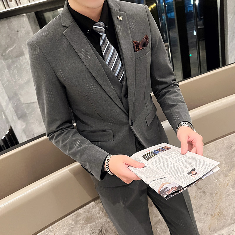 Suit Set Men's Korean Slim-fit Business Casual Suit New Best Man Wedding Dress Large Size Line Three-piece Suit