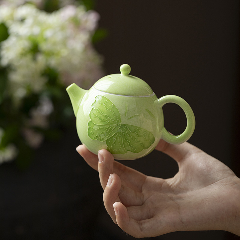 洒绿釉下彩手绘蝴蝶陶瓷文旦壶小号泡茶壶带过滤小清新茶具一人用|undefined