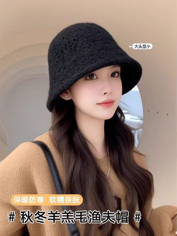 帽子女秋冬季羊羔毛渔夫帽黑色素颜显脸小水桶帽大脸保暖毛绒盆帽|undefined