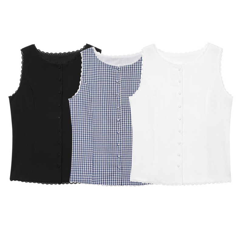 Foreign Trade Export French New Style Round Neck Lace Single-Breasted Waist Short Sleeveless Top Slim Vest for Women