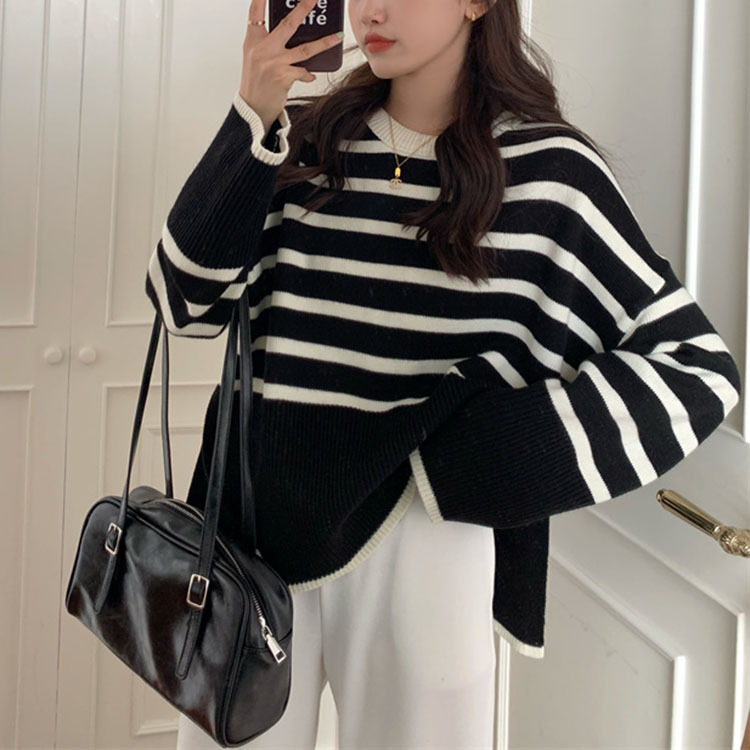 2023 Otoño e Invierno Nuevo suéter estilo coreano de las mujeres cuello redondo manga larga a rayas suéter suelto ropa interior de las mujeres Comercio exterior al por mayor image 6