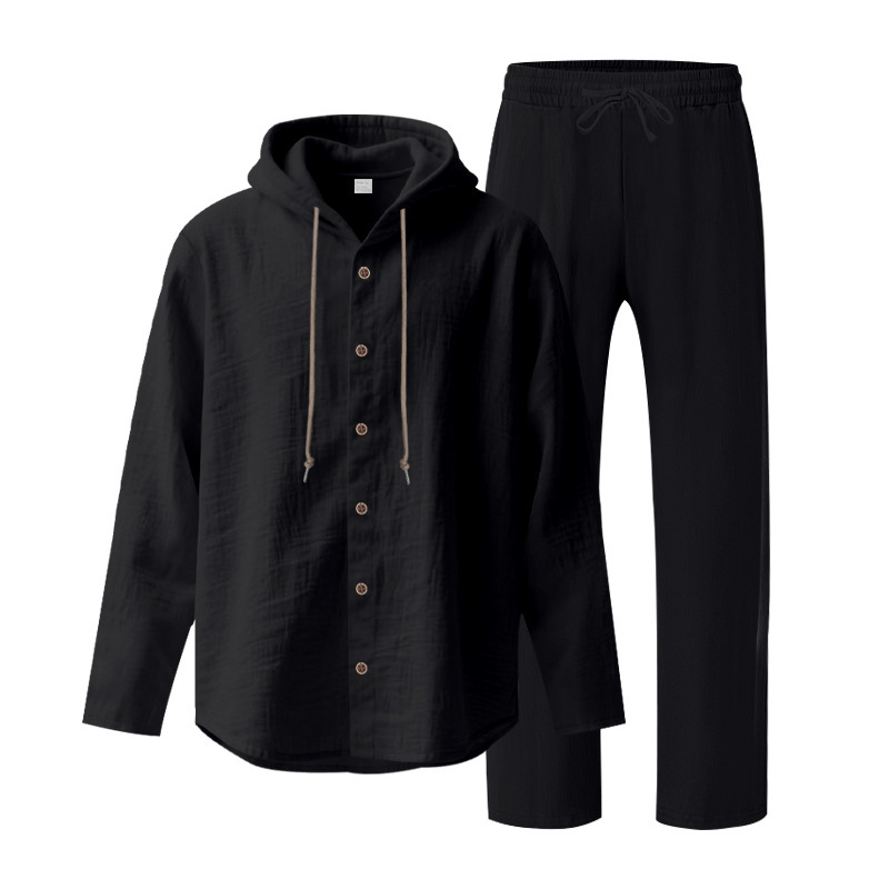 Men's Casual Breathable Linen Hooded Long Sleeve Shirt Cardigan Spring Summer Style Loose Fit Set_viptrois.com