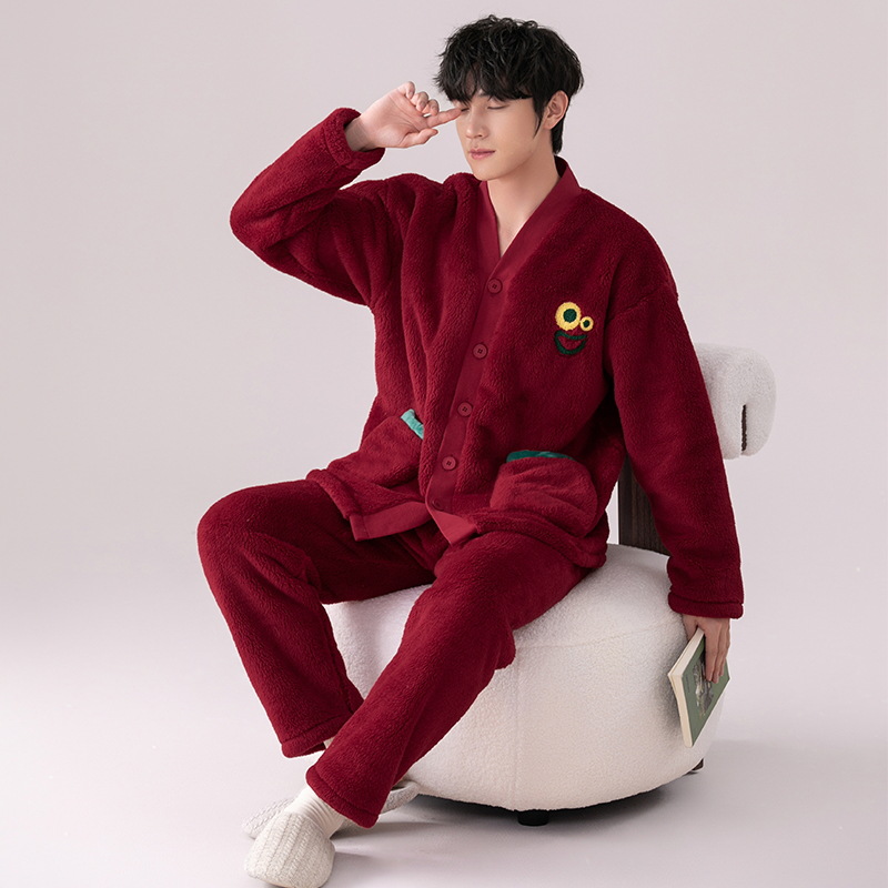 Pijamas de los hombres de invierno Nueva franela engrosada cálido traje de lana de coral de invierno con cuello en V cardigan de lana forrada homewear
