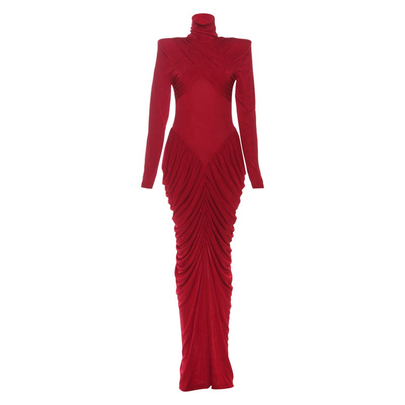 Women's Elegant Slim Fit Long-Sleeve Pleated Solid Color Dress