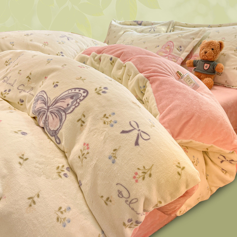 Cama de terciopelo de leche gruesa de cuatro piezas 2025, nuevo invierno cálido sábanas de terciopelo de coral cubierta de cama de tres piezas