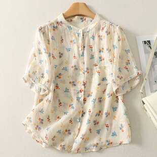 Summer Fashion Round Neck Single Breasted Floral Short Sleeve Shirt Women's Slim Versatile Top