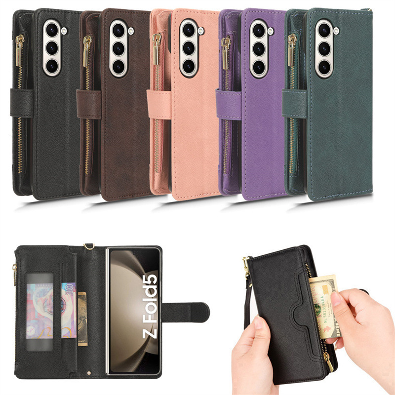 Suitable for Samsung Galaxy Z FOLD 5 4 3 2 mobile phone leather case folder 5 card crossbody lanyard zipper bag