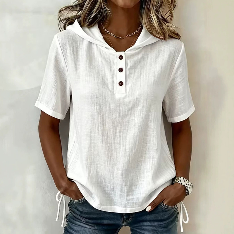 2026 Amazon Women's Summer Button European and American New Style Linen Short Sleeve T-Shirt Beach Casual Hooded Solid Color Shirt 2026 Amazon Women's Summer Button European and American New Style Linen Short Sleeve T-Shirt Beach Casual Hooded Solid Color Shirt