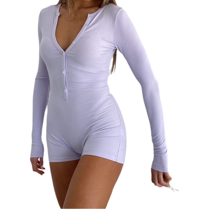 Amazon 2024 European and American Autumn New Women's Tight Jumpsuit Shorts Casual Button Cotton Top Long Sleeve V-Neck