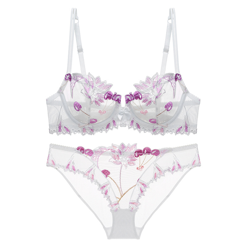 Encaje bordado ropa interior traje transparente sexy mujer europea y americana transfronteriza sujetador transpirable push up más tamaño sujetador traje