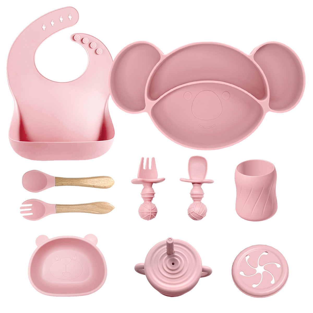 Nuevos productos transfronterizos para niños suplementarios de silicona platos de comedor cuchara de tenedor baudero ocho piezas conjuntos a prueba de caídas mangar suministros para madre y bebé