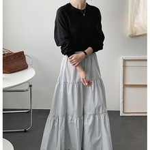 韩国chic早秋小众休闲圆领宽松高腰拼接条纹卫衣长裙荷叶边连衣裙