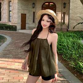 辣妹穿搭海边度假复古绿色网纱挂脖吊带连衣裙独特漂亮小裙子26夏