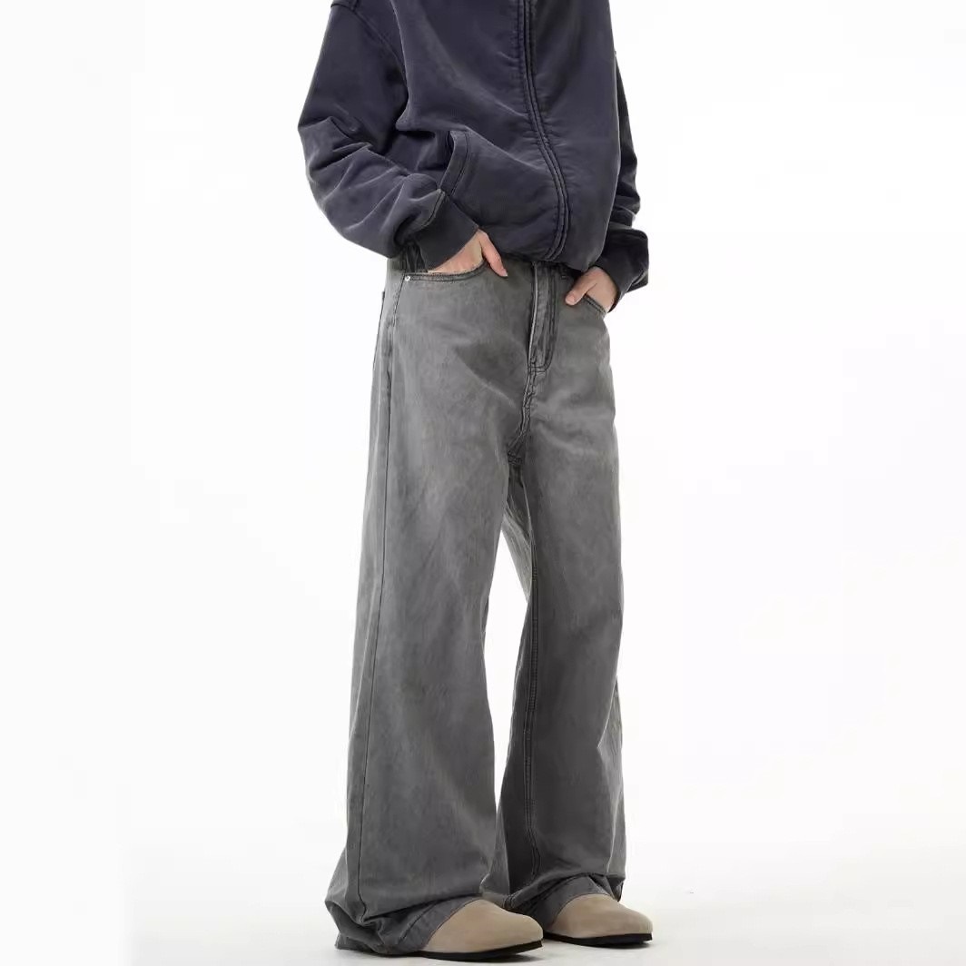 Men's Clothing Men's Retro Grey Denim Jeans Versatile Straight Leg Distressed Wash Casual Style For Spring Autumn Wide Leg Trousers_mkmklike.com